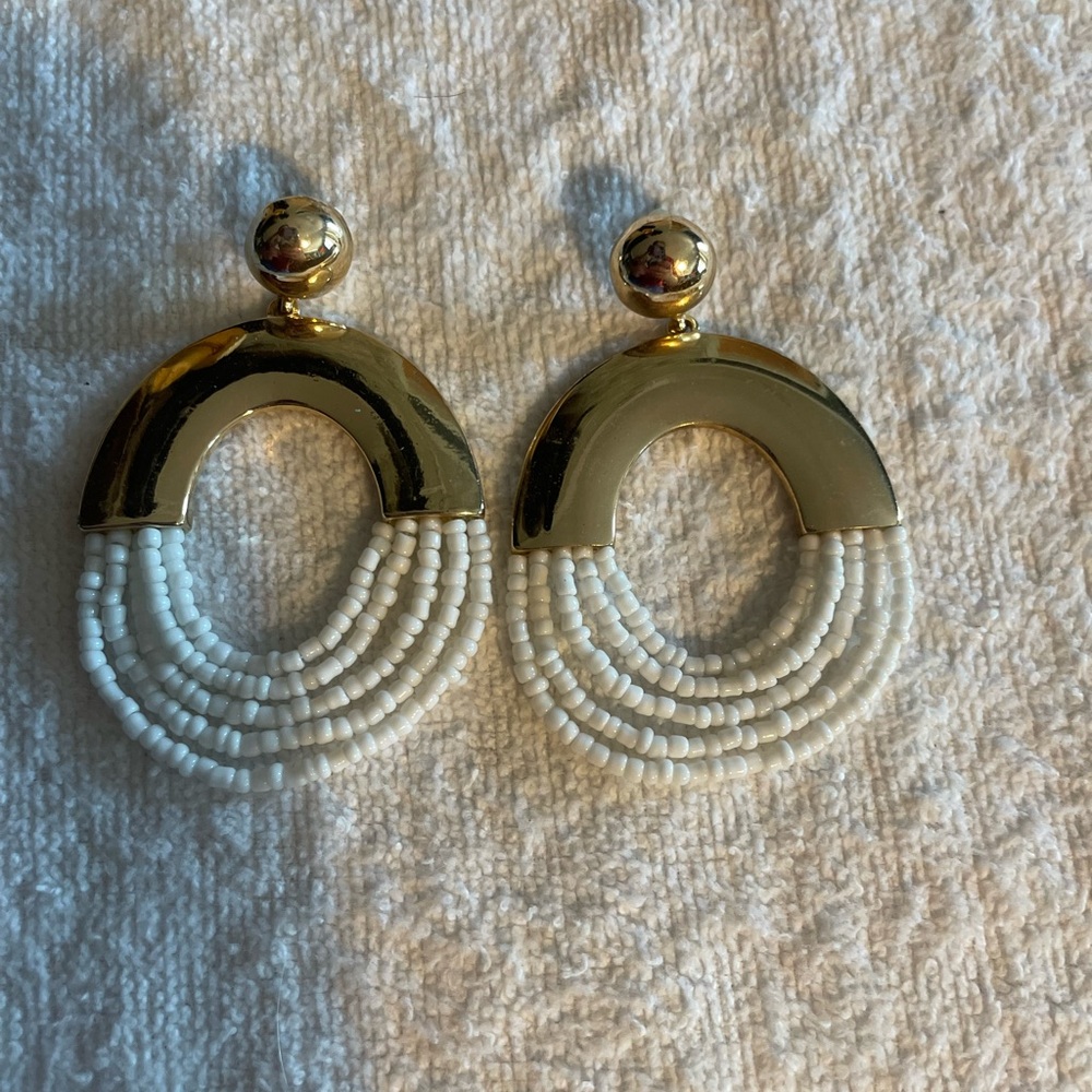 Gold and White Beaded Earrings